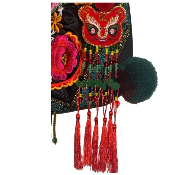 Ethnic Handmade Embroidery Black Floral Sling Bag With Tassels, Pom Poms & Beads - Picture 8 of 8